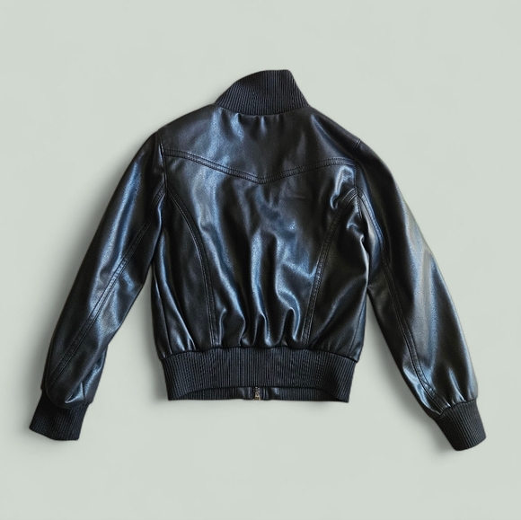 Kid Faux Leather Bomber Jacket with Ribbed Trim Fits 2-4 Years Old Boy - Picture 2 of 4